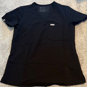 Figs Black V-Neck Scrub Top with Chest Pocket